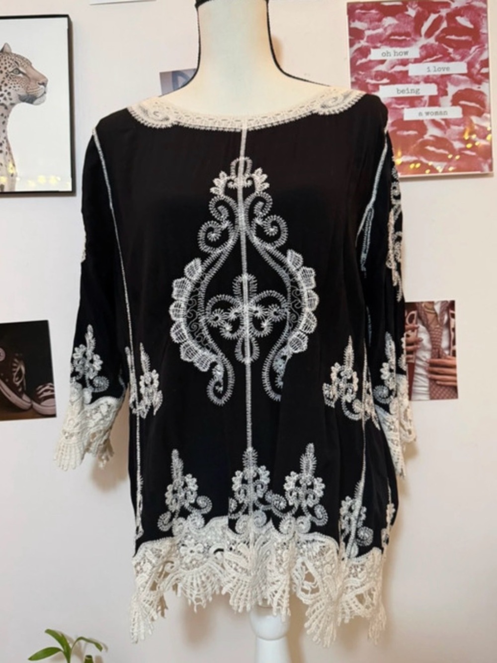 Ultra Pink Black Tunic with White Embroidered Lace